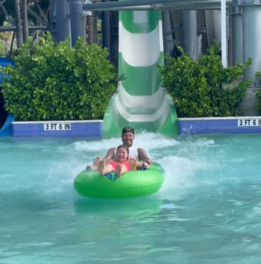 Victoria was in charge of recording David and Harper on the fun rides at the waterpark