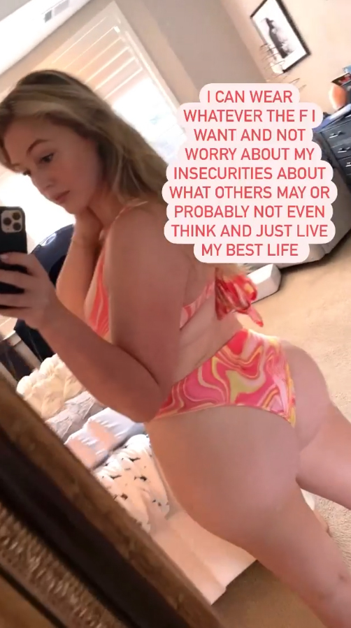 The 30-year-old mum shared a video of herself in a bikini adding her insecure thoughts as captions.