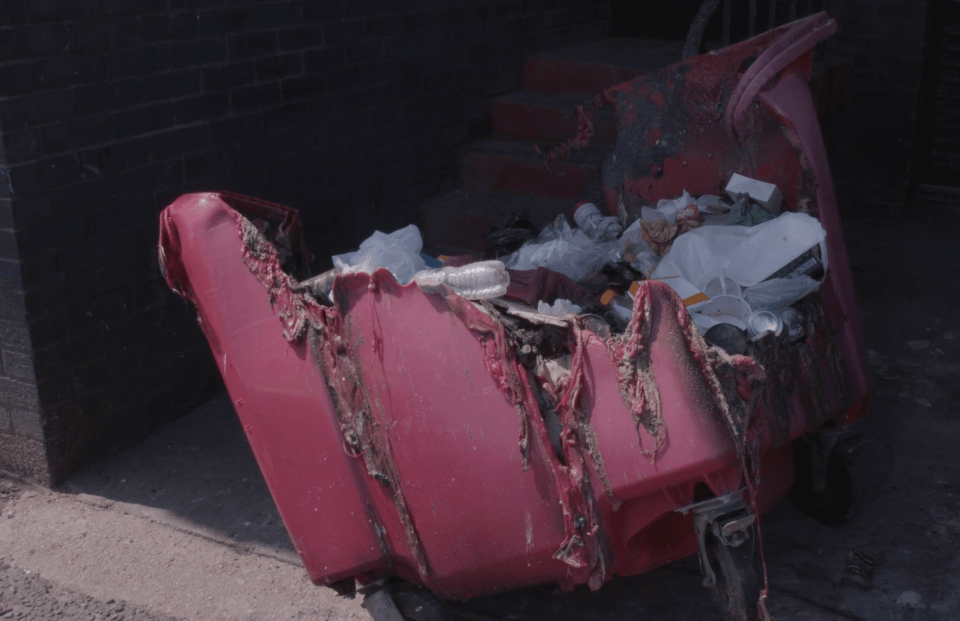 A bin that's been torched - crime has become a problem in the town