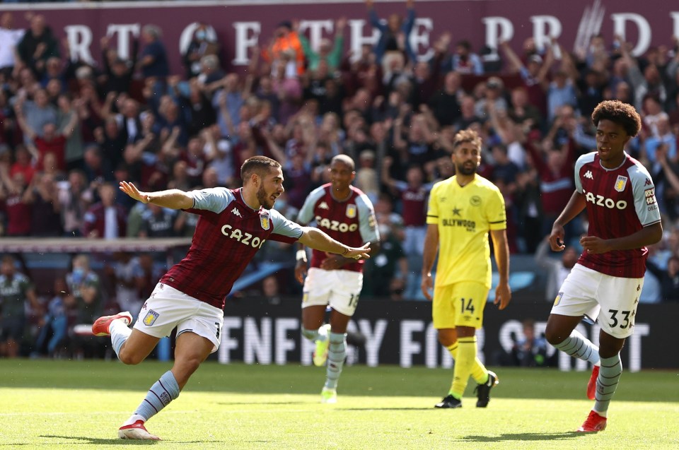 Emi Buendia races away to celebrate his first goal for Aston Villa