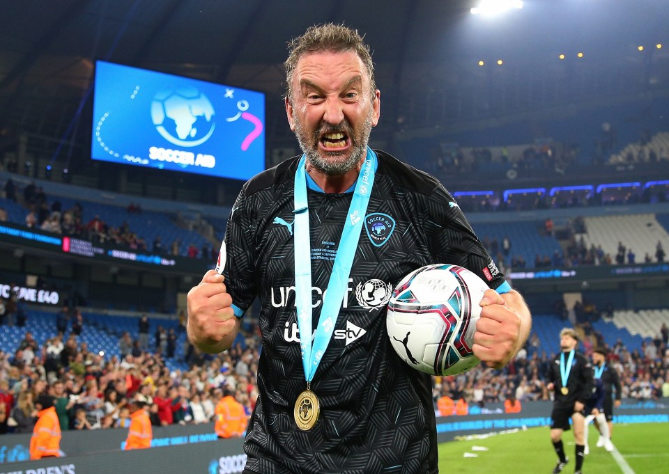 Lee Mack finally got off the mark scoring his first Soccer Aid goal