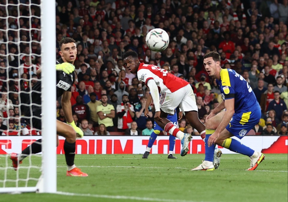 Eddie Nketiah was back in the goals on Wednesday night with a cheeky finish against AFC Wimbledon