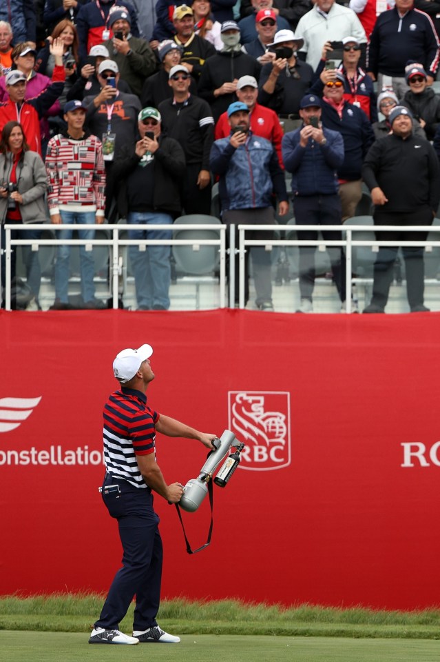 Bryson DeChambeau fired a T-Shirt cannon into the crowd during practice on Thursday