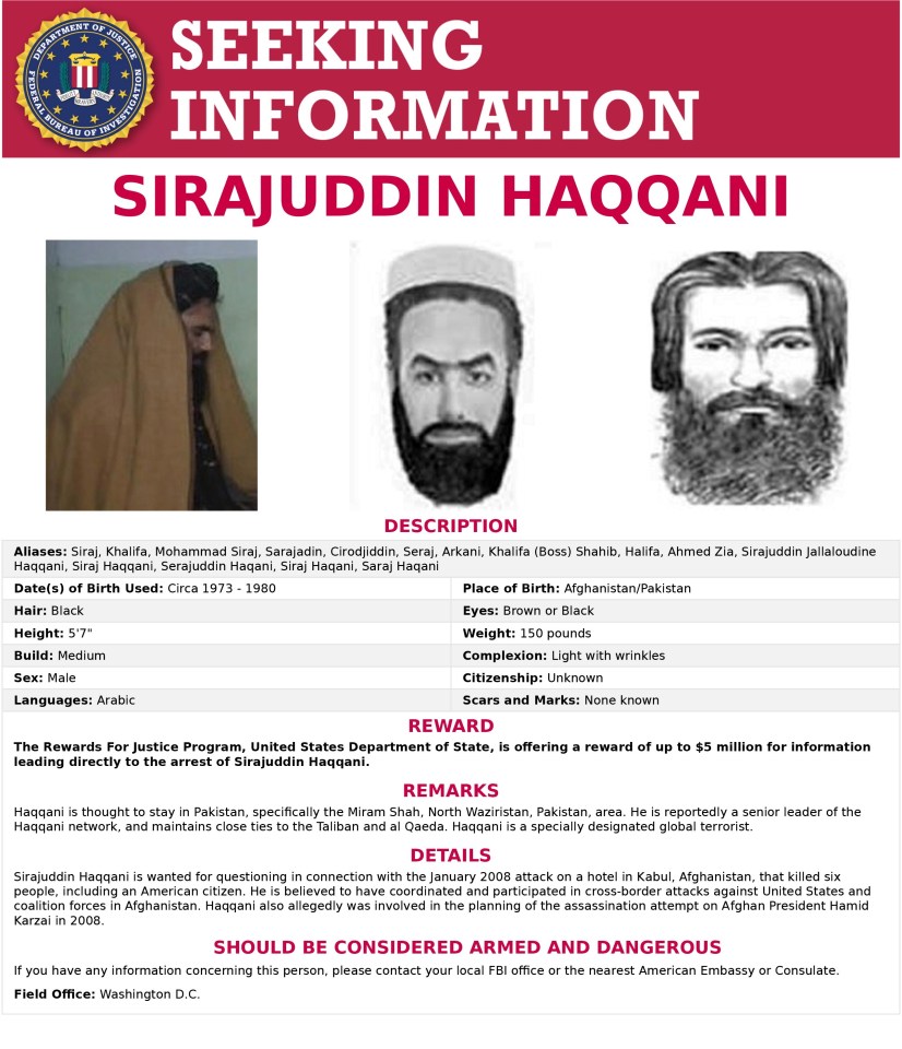 The FBI's wanted poster for Sirajuddin Haqqani, who is Afghanistan's newly appointed acting interior minister