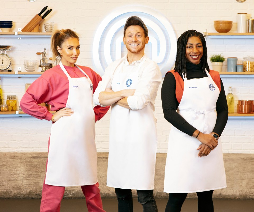 The three Celebrity MasterChef finalists: Megan McKenna, Joe Swash and Kadeena Cox