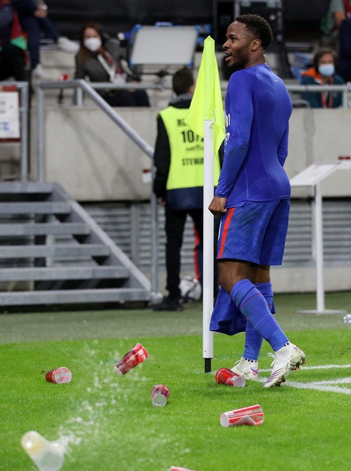 England star Raheem Sterling was pelted with cups as he celebrated his goal and paid tribute to Steffie Gregg, who recently passed away