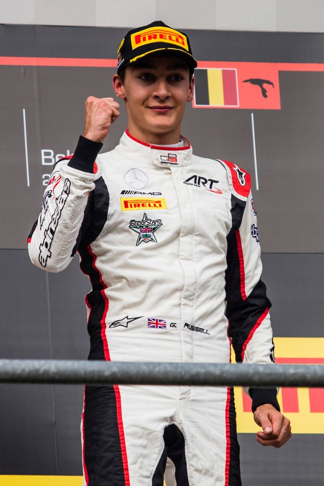 Russell celebrates victory in Race 1 of the FIA GP3 championship at Circuit de Spa-Francorchamps in 2017