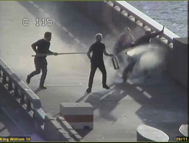 A man wielding a narwhal tusk during the London Bridge terror attack in 2019