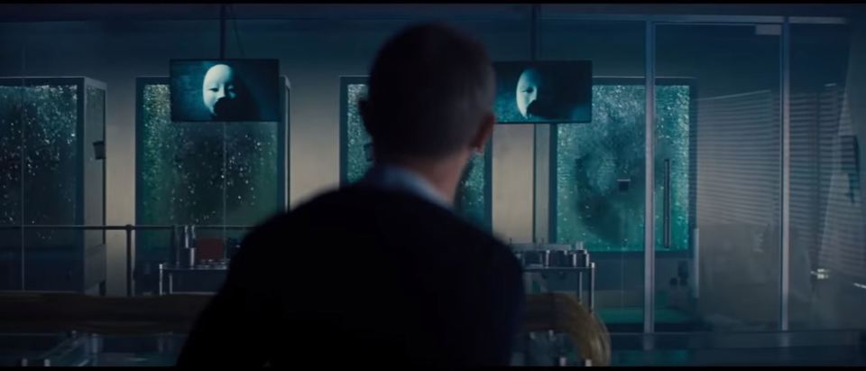 Bond in Safin's base where he discovers tanks of water holding what appears to be humans