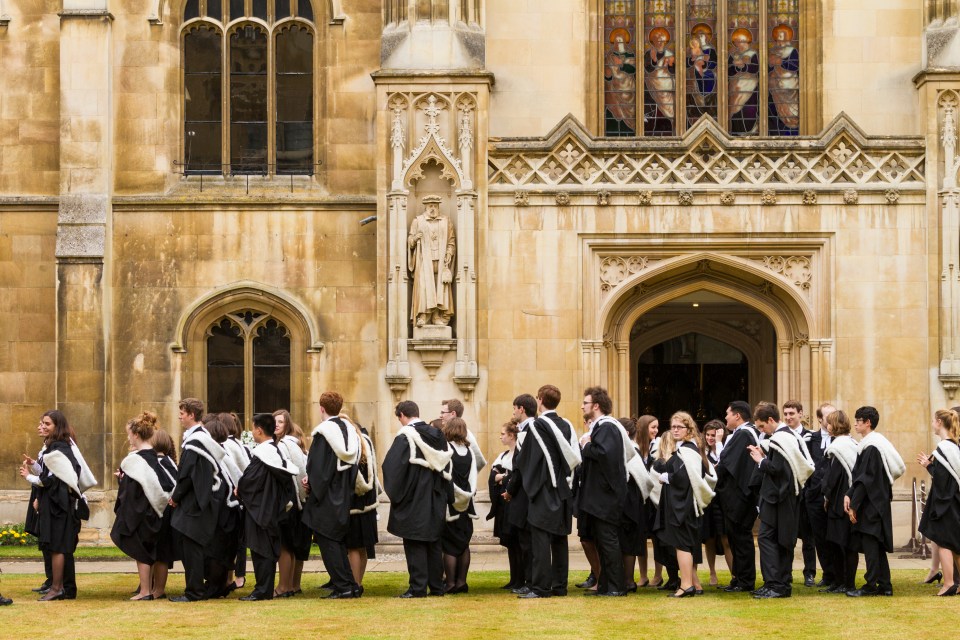 Cambridge University students in their gowns on graduation day at Corpus Christi College