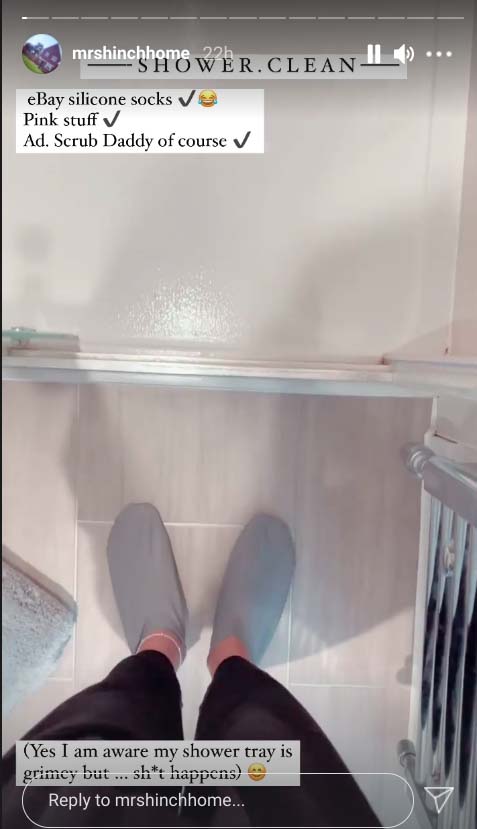 She wears eBay silicone socks to clean the shower