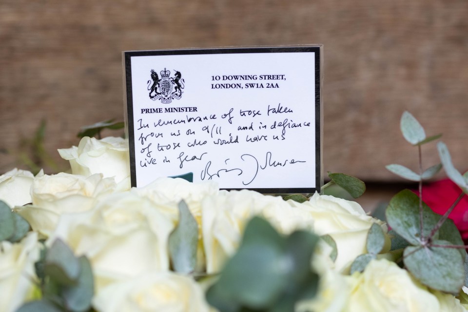 A floral tribute laid on the behalf of Boris Johnson at the September 11 Memorial Garden