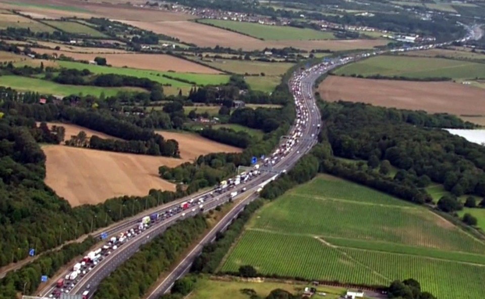 An aerial view of the traffic on the M25 as the protesters block the motorway AGAIN