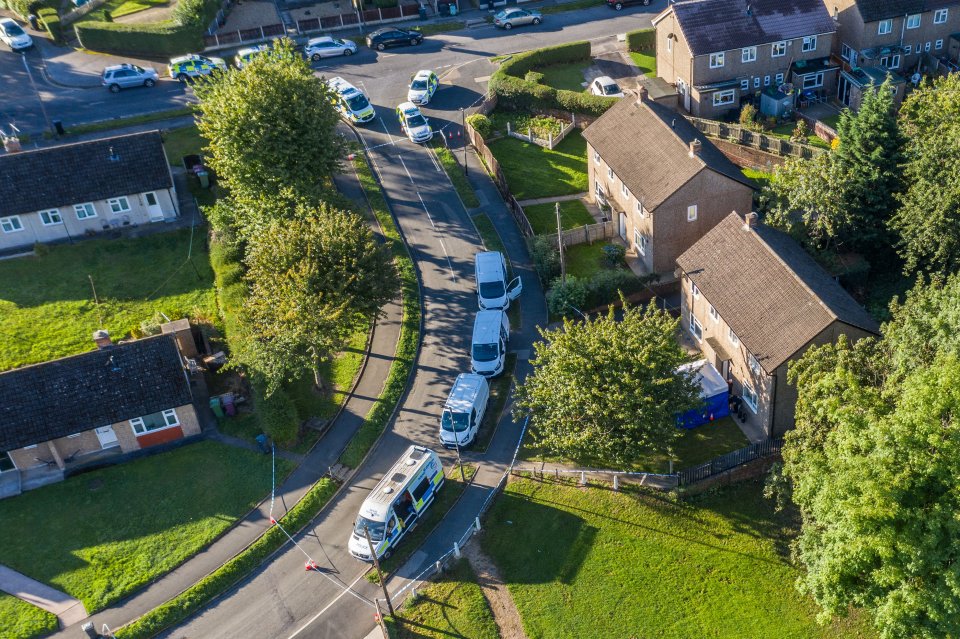 An aerial shot shows police on the road today