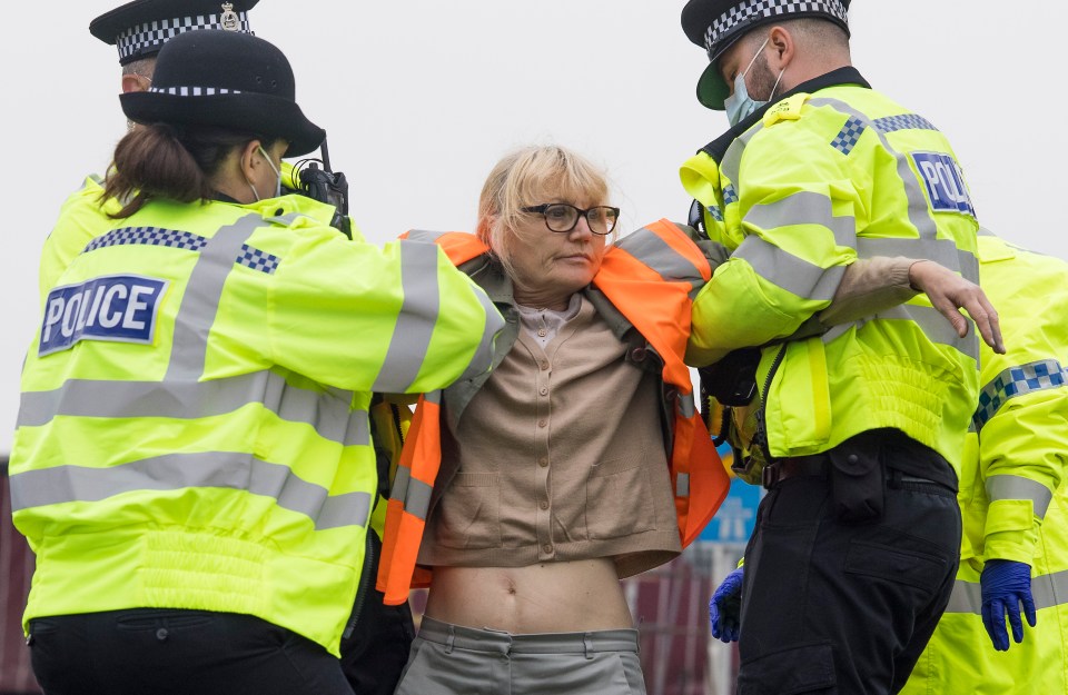 Scarborough councillor Theresa Norton being arrested by police after attaching herself to the road.