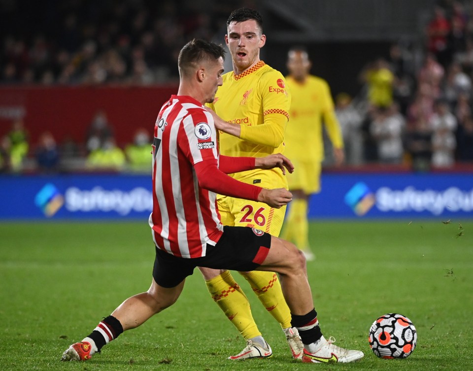 Sergi Canos squares off against Liverpool's Andy Robertson during their 3-3 draw