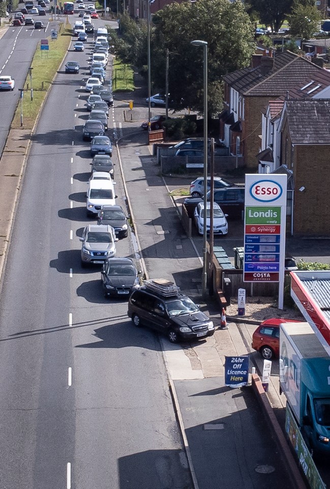 Huge queues are seen at a petrol station near Sunbury-on-Thames