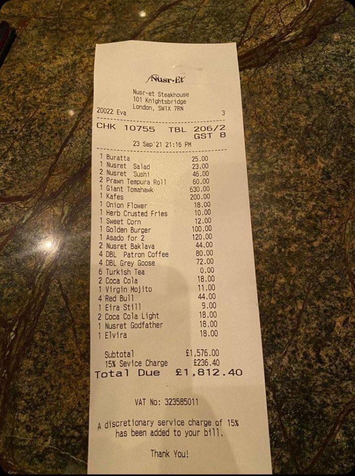 A customer paid a whopping £1,812.40 at the Knightsbridge restaurant