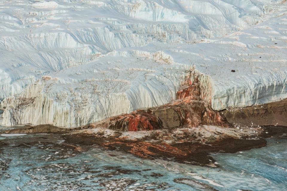 Red coloured water seeps out onto the ice in Antarctica