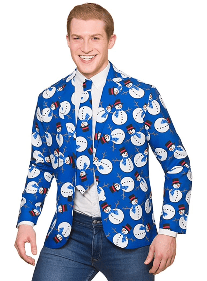  This snowman print jacket and tie is an easy way to rock the Christmas novelty look