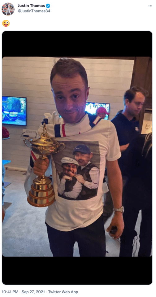 Thomas himself sported one of the T-shirts whilst holding the Ryder Cup, posting an image to his Twitter account