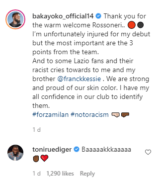 Tiemoue Bakayoko's message on Instagram and Antonio Rudiger's supportive reply