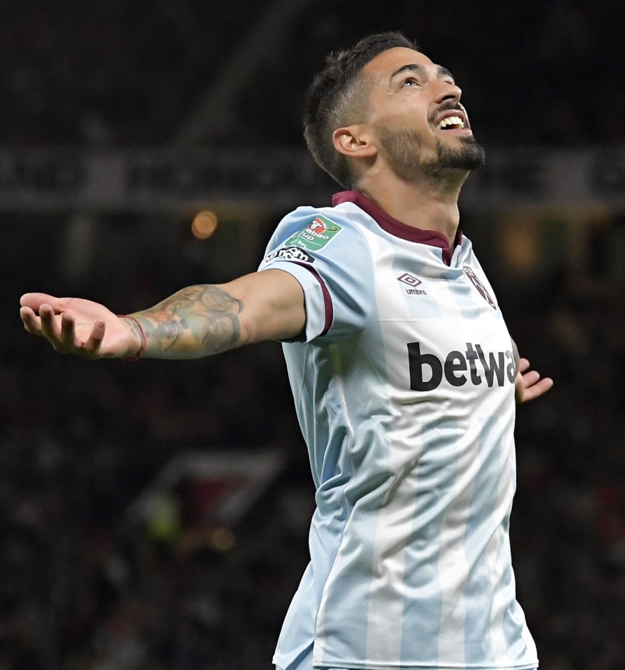 Manuel Lanzini celebrates his early goal at Old Trafford