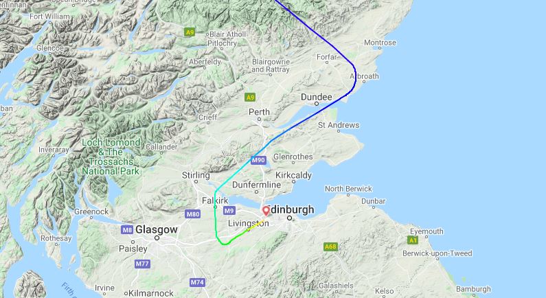 The flight tracker shows a sudden diversion over Scotland