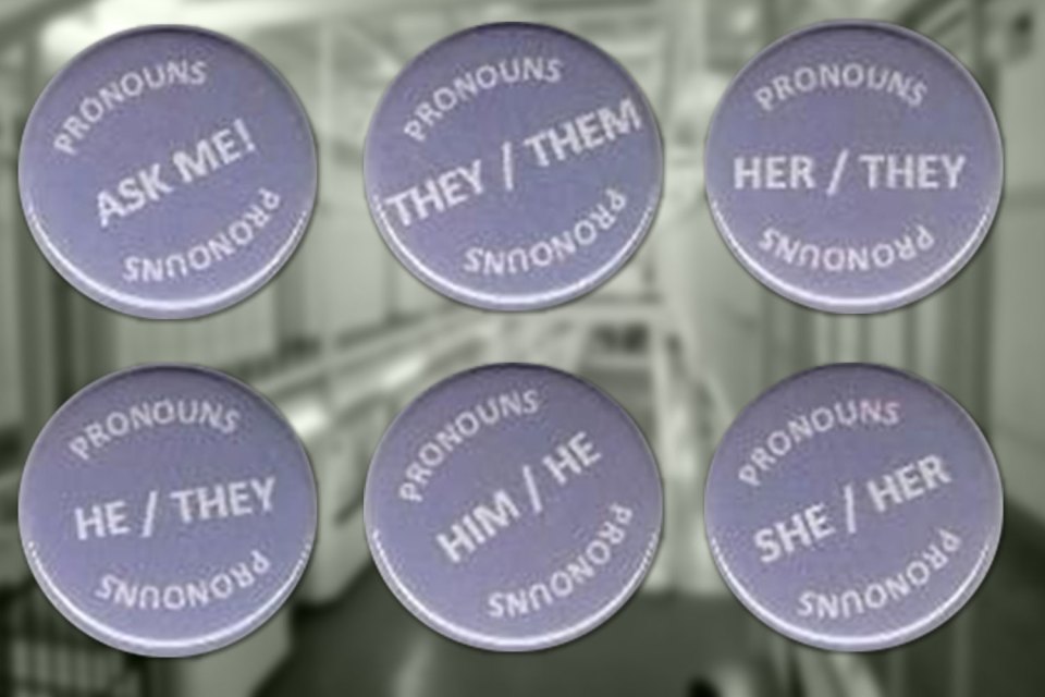 The prison has  unveiled six purple badges with pronouns such as 'he/they', 'her/they' and 'they/them'. Another just says 'ask me' on it