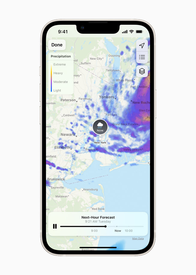 The Weather app can also give you a timeline of precipitation overlaid on a map