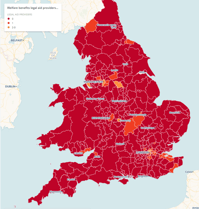 Areas in red show where there are no welfare legal aid providers