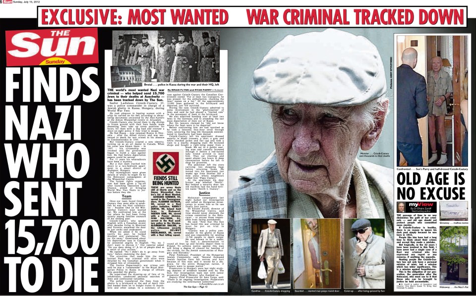 Together with The Sun, Dr Zuroff helped track down wanted war criminal László Csatáry