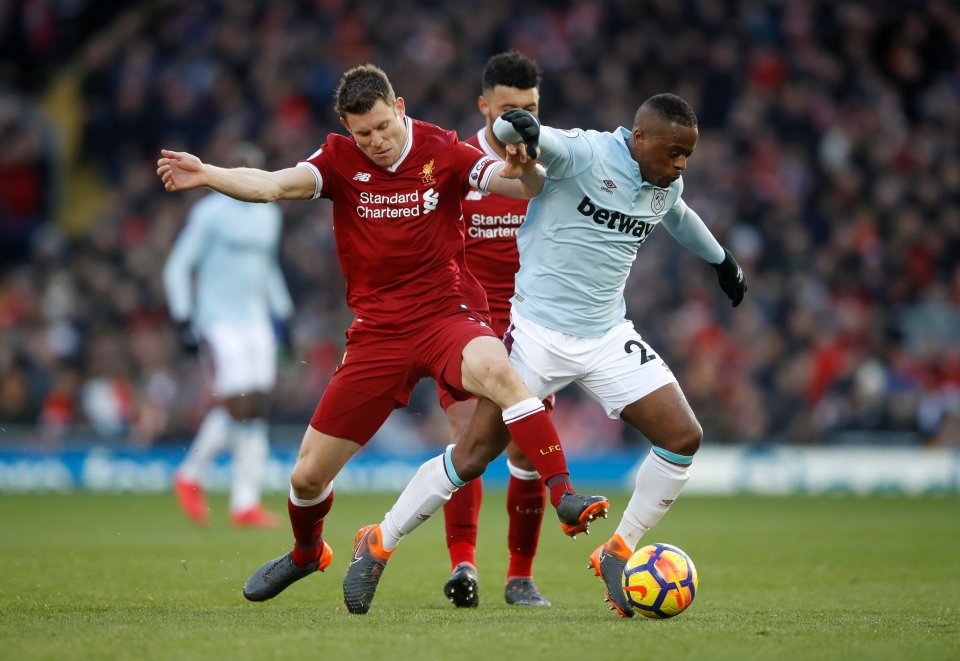 Man Utd legend Patrice Evra (pictured playing for West Ham) revealed Liverpool hero James Milner was his toughest opponent