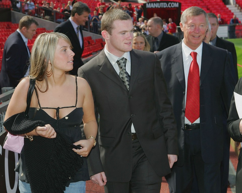 The couple pictured with Sir Alex Ferguson after Rooney signed to Utd