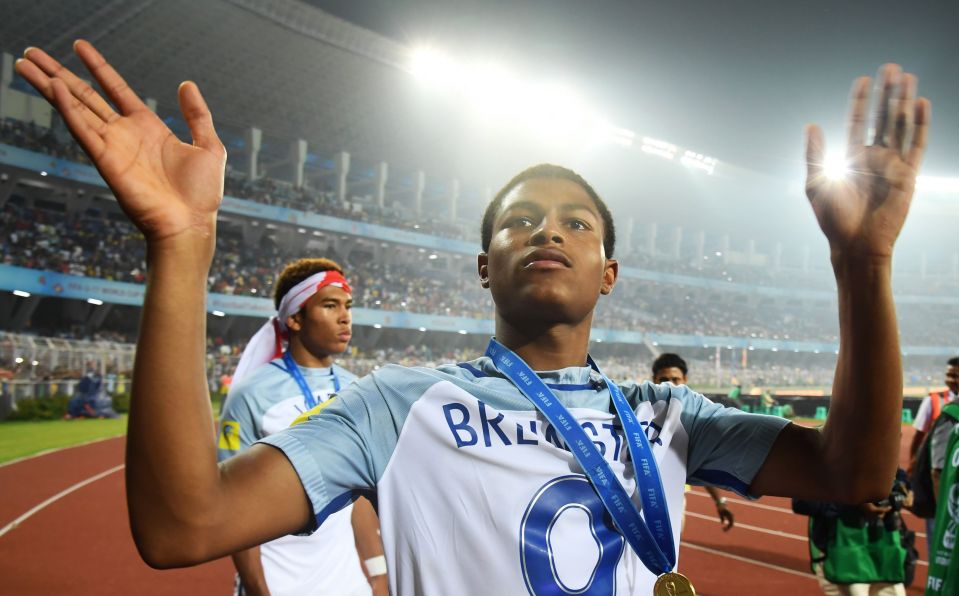 Brewster celebrates winning the U17 World Cup and the Golden Boot in India in 2017