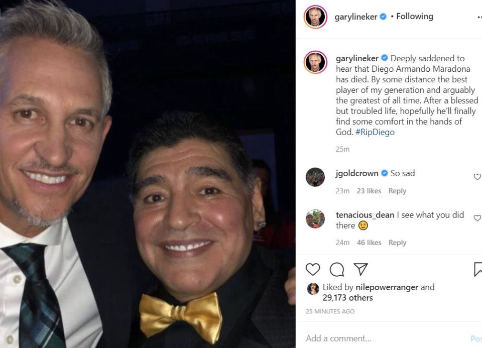 Gary Lineker paid tribute to Diego Maradona after his death