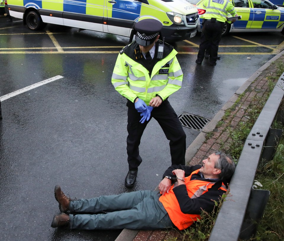 An officer with a handcuffed protester near Heathrow Airport