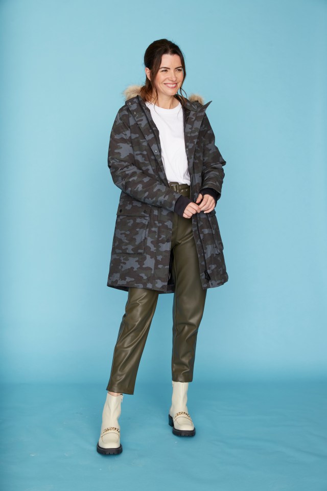 Camo coat, £149, Goodmove at Marks & Spencer; T-shirt, £8, Primark; trousers, £29.99, Reserved; boots, £65, Next