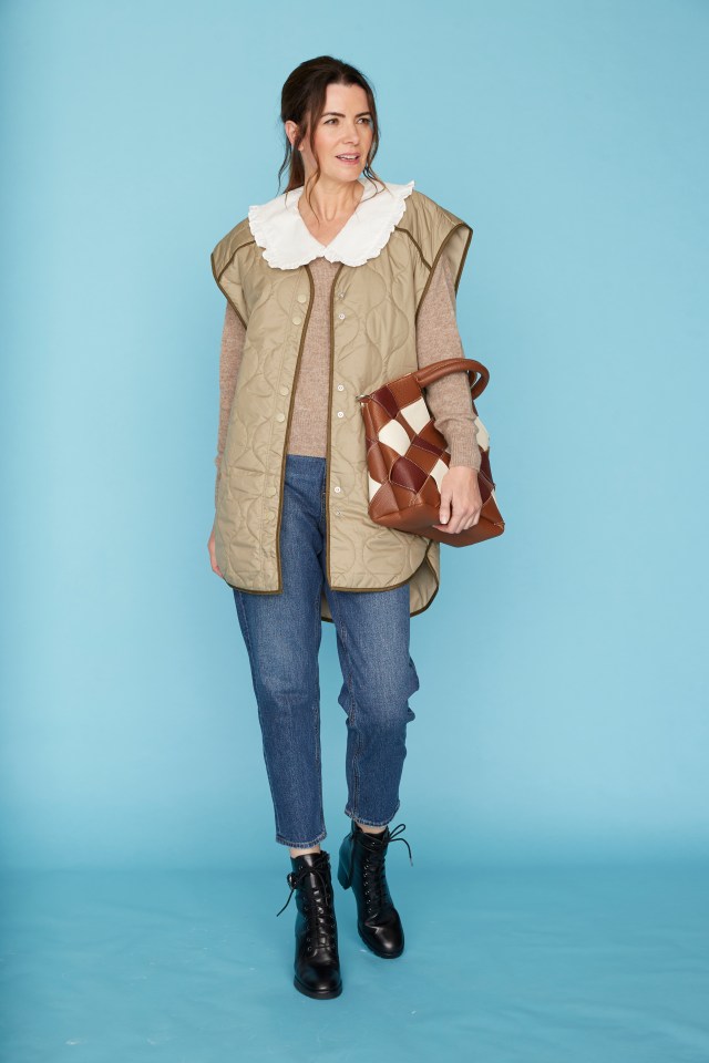 Quilted waistcoat, £19.99, H&M; jumper with collar, £52, LaRedoute.co.uk; jeans, £45, River Island; bag, £45, WarehouseFashion.com; boots, £145, Dune