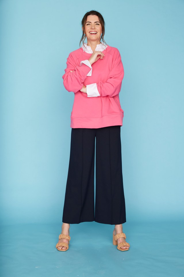 Pink jumper, ¨£25, Goodmove at Marks & Spencer; shirt, £35, FineryLondon.com; culottes, £39,  WarehouseFashion.com; mules, £23.99, New Look