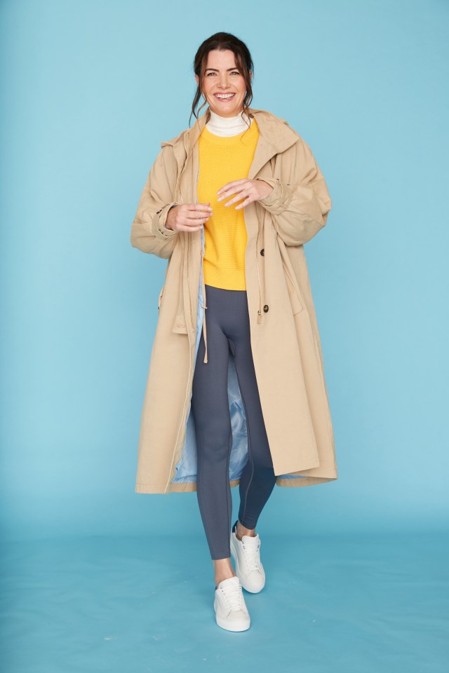 Parka, £69.99, Reserved; roll neck, £29.50, Marks & Spencer; yellow jumper, £49, French Connection; leggings, £10, Primark; trainers, £75, Adidas at Schuh