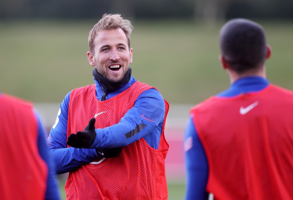 England captain Harry Kane looked upbeat during training