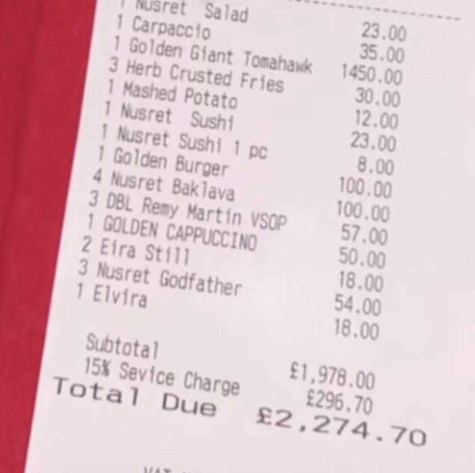 One person's bill at Salt Bae's restaurant came to a whopping £2,274.70