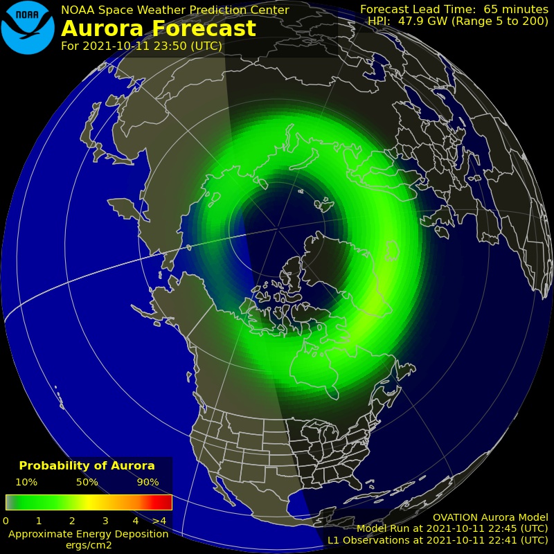 The brightness and location of the aurora is shown as a green oval centred on Earth’s magnetic pole