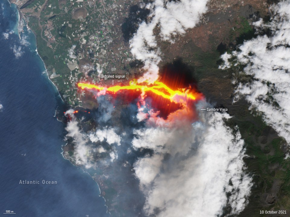 An image taken from the European Space Agency  shows the new lava stream from the Cumbre Vieja volcano erupting on the island of La Palma