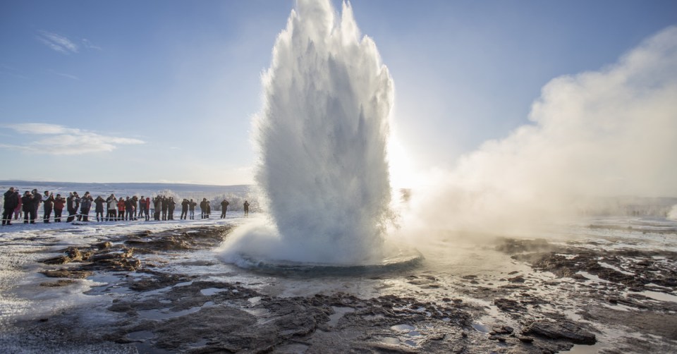 The Strokkur geyser shoots water every 5-10 minutes