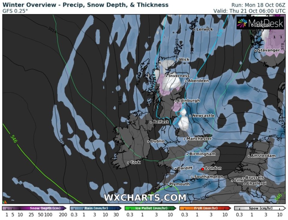 Up to six inches of snow is tipped to fall on parts of the UK on Thursday