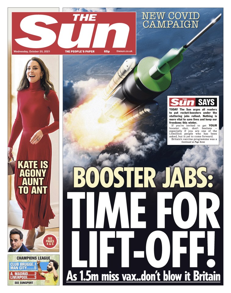 The Sun's Front Page urged readers to get their Covid booster jabs before winter hits