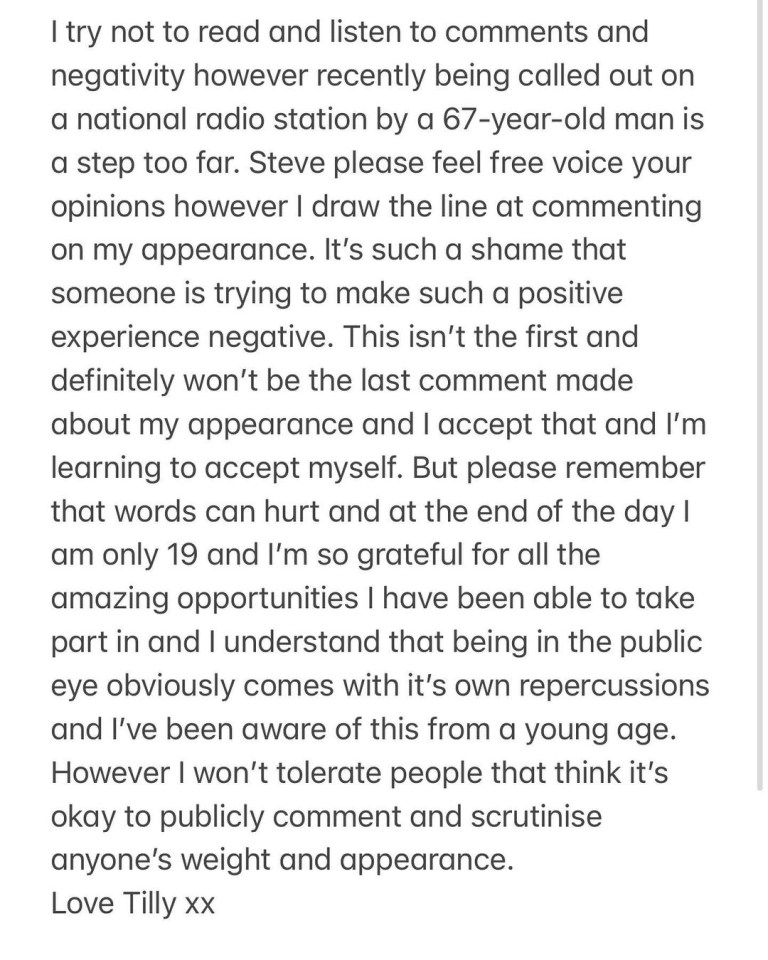 Tilly hit back at the host in an Instagram post