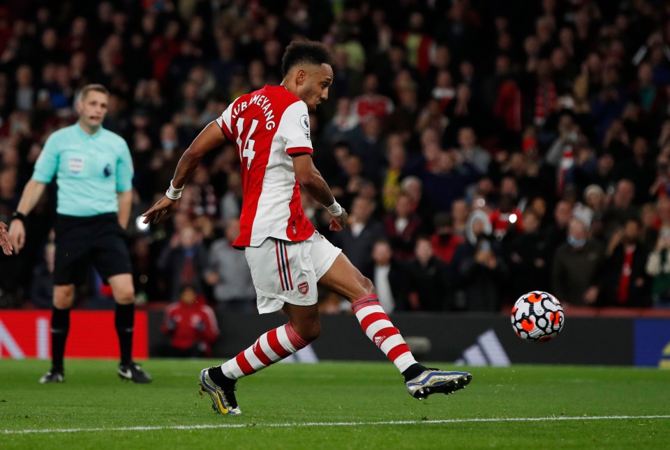 Aubameyang put Arsenal two up just before the break after slotting home his penalty rebound